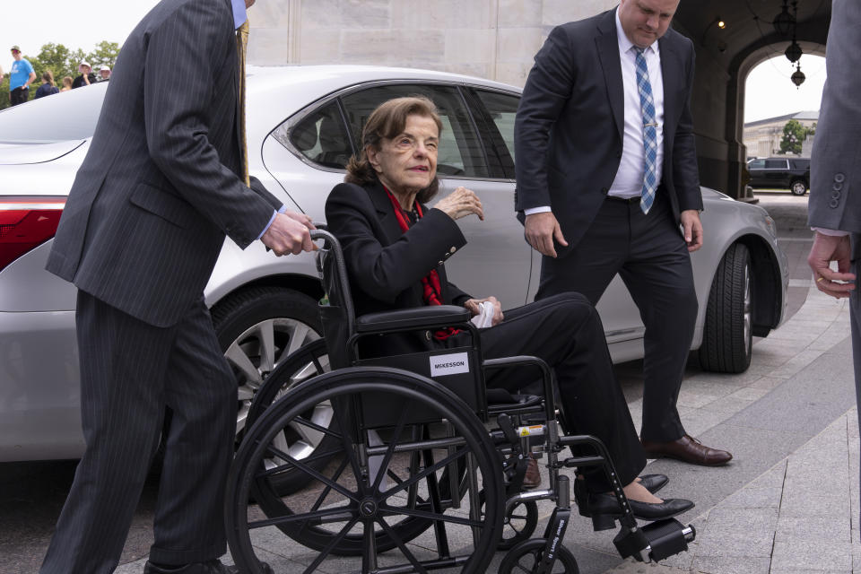 Sen. Dianne Feinstein, D-California, is seen in a wheelchair as she returns to the Senate on May 10 after an absence of more than two months.  (AP Photo/J. Scott Applewhite)