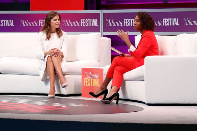 Emily Weiss (L), Founder and CEO, Glossier, is interviewed by Audie Cornish, Host, 