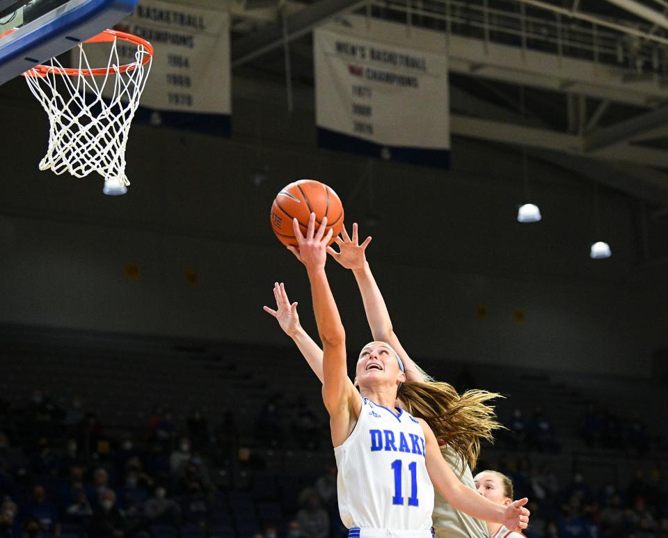 Drake guard Megan Meyer, seen here in a game in 2022, will be playing her first home game for the Bulldogs on Thursday since returning to the team this season.