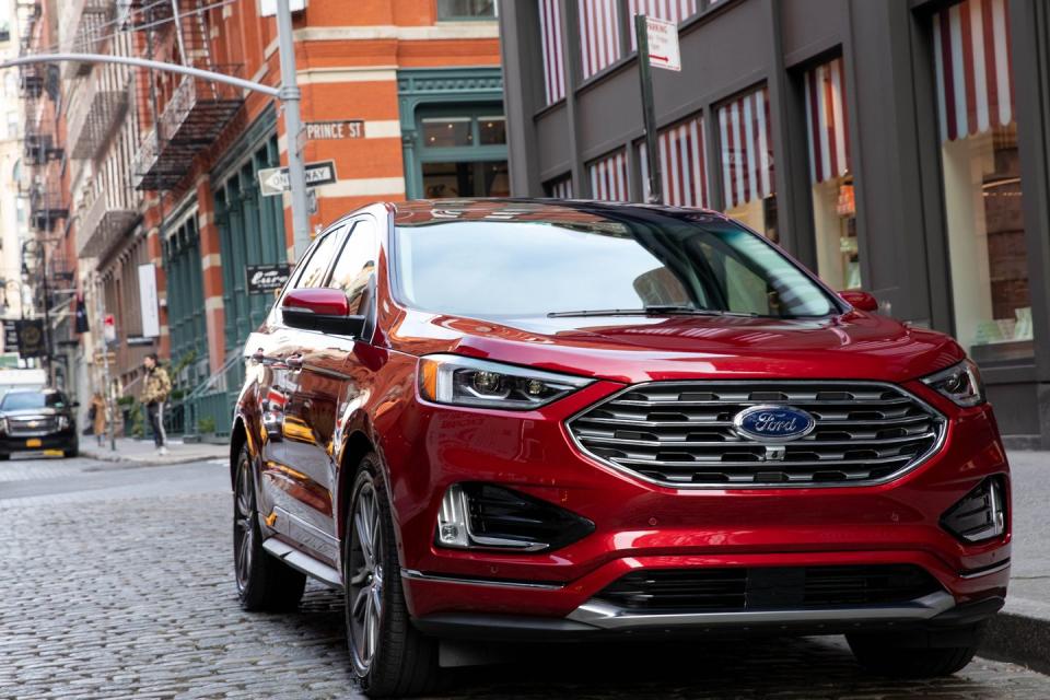 <p><strong>MSRP: </strong>$32,195 <strong>Engine: </strong>turbocharged 2.0-liter inline-4 <strong>EPA Combined:</strong> 25 mpg </p><p>The two-row <a href="https://www.caranddriver.com/ford/edge" rel="nofollow noopener" target="_blank" data-ylk="slk:Edge;elm:context_link;itc:0;sec:content-canvas" class="link ">Edge </a>has a roomy interior, a supple ride, and an easy-to-use infotainment system. But the modern and sporty exterior writes acceleration and handling checks that the base engine and suspension can’t cash. Its warranty coverage doesn't match up to the best in the business, either. </p>