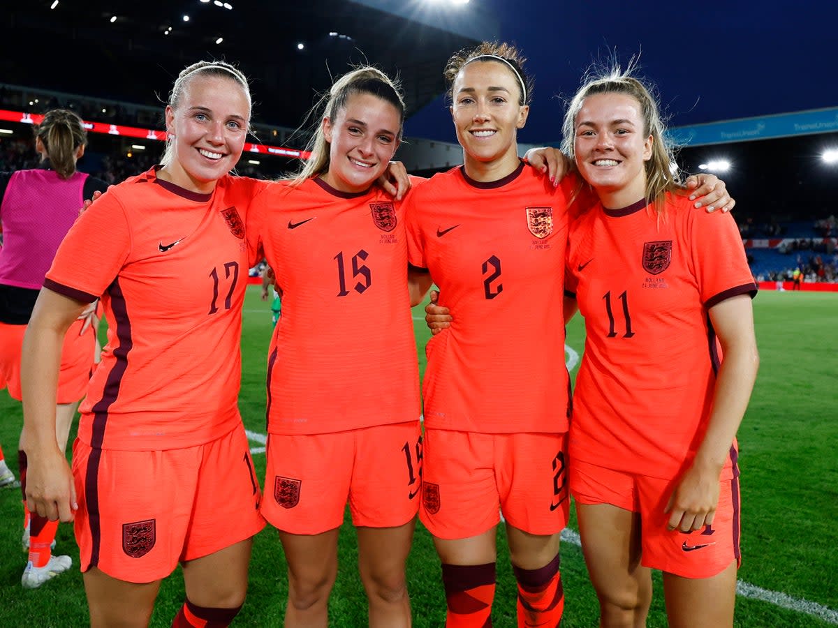 England’s Beth Mead, Ella Toone, Lucy Bronze and Lauren Hemp  (The FA via Getty Images)