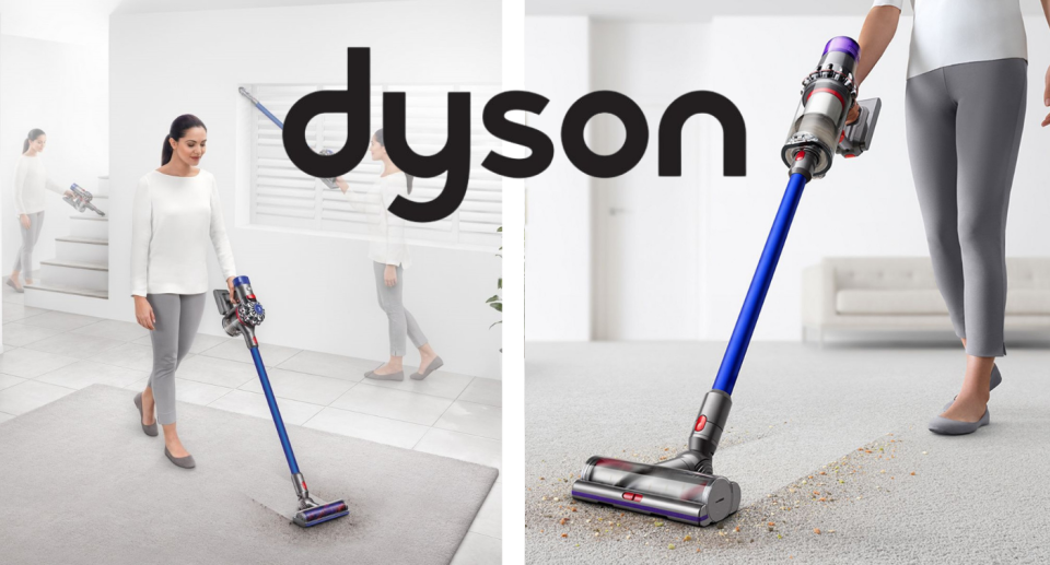 Woman cleans rug and carpet with Dyson