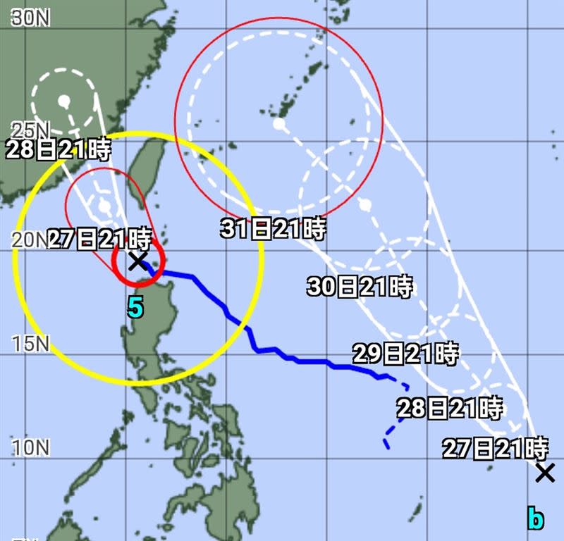 日本氣象廳預測「卡努颱風」即將形成，首報預測路徑將通過琉球群島。（圖／翻攝自觀氣象看天氣 臉書）