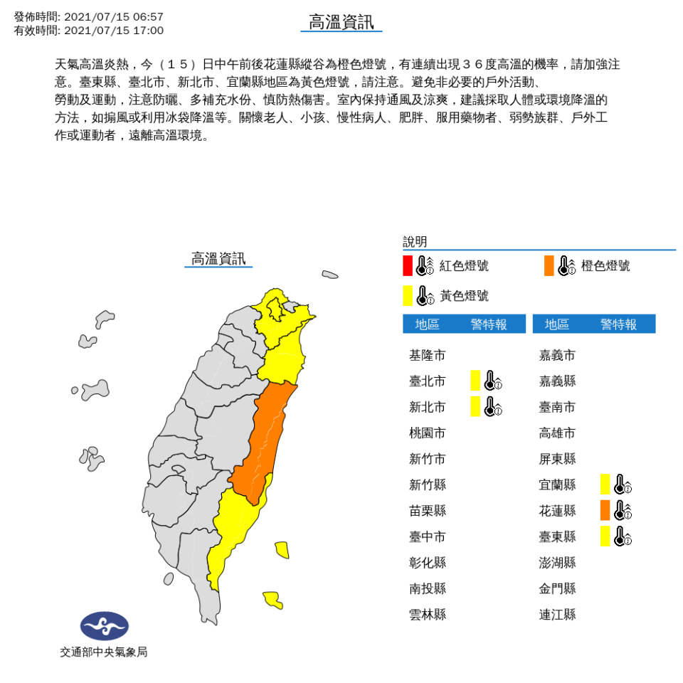 今天中午前後，花蓮縣縱谷有連續出現攝氏36度高溫的機率，宜蘭、台東、台北與新北也發布高溫特報，請民眾小心防曬、補充水分。   圖：中央氣象局/提供