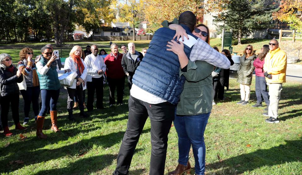 Rep. Mondaire Jones hugs Maria Slippen, the chairperson of the Cortlandt Democrats during a Get Out the Vote event with local Democratic groups at Vassallo Park in Croton-on-Hudson, Oct. 29, 2022. 