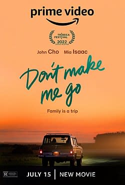 A promotional image from Don’t Make Me Go showing a station wagon driving into the sunset along the coast.