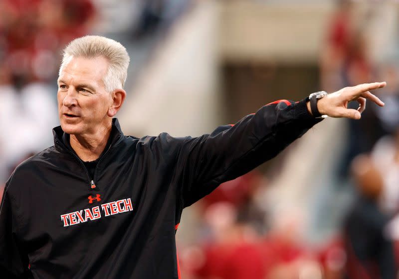 Texas Tech head coach Tuberville gestures during pre-game warm-ups before an NCAA Big 12 Conference football game against the University of Oklahoma in Norman