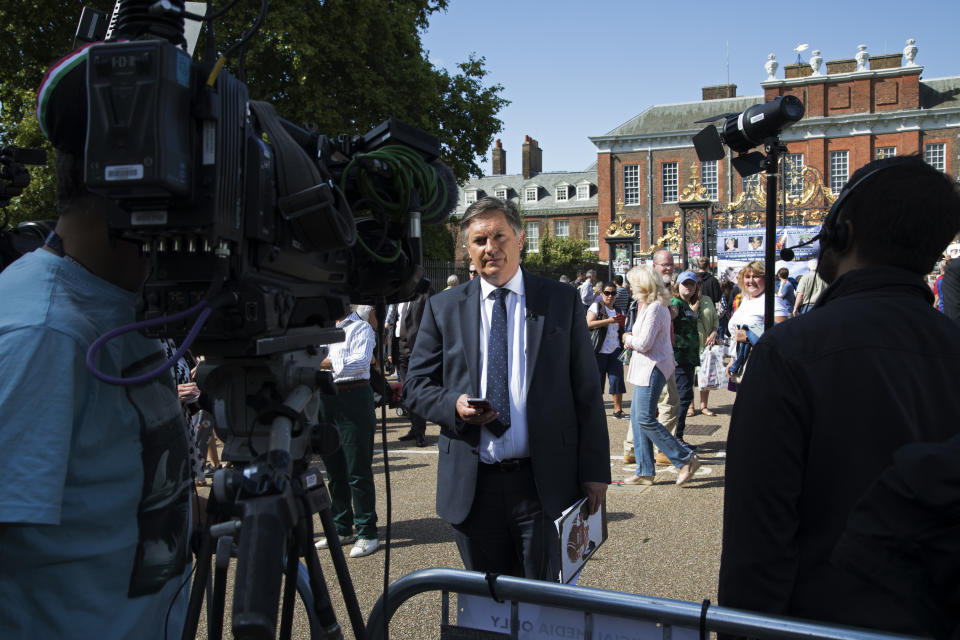 On the 20th anniversary of the death of Princess Diana, crowds of people gather to pay their respects, and to lay flowers, pictures and messages at the memorial to her on 31st August 2017 at Kensington Palace in London, United Kingdom. BBC correspondent and newsreader Simon McCoy reports from the scene. Diana, Princess of Wales became known as the People's Princess following her tragic death, and now as in 1997, thousands of royalists, and mourners came to her royal residence in remembrance. (photo by Mike Kemp/In Pictures via Getty Images Images)