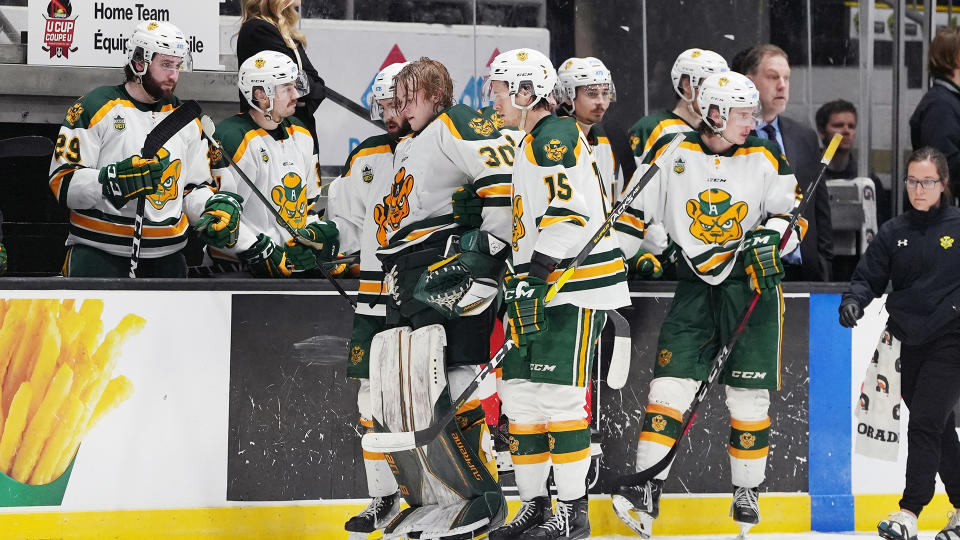 Teammates help University of Alberta Golden Bears goaltender Ethan Kruger (30) off the ice after being sucker-punched by University of Prince Edward Island Panthers' Zac Beauregard in the U Sports semifinal. (THE CANADIAN PRESS/Darren Calabrese)