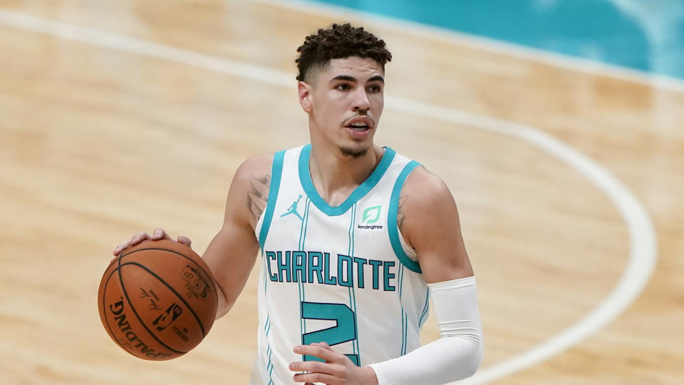 Charlotte Hornets guard LaMelo Ball plays against the Toronto Raptors.