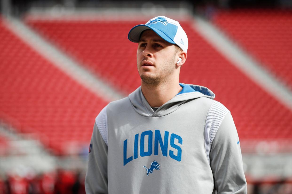 Detroit Lions quarterback Jared Goff walks on the field before the NFC championship game against San Francisco 49ers at Levi's Stadium in Santa Clara, Calif. on Sunday, Jan. 28, 2024.
