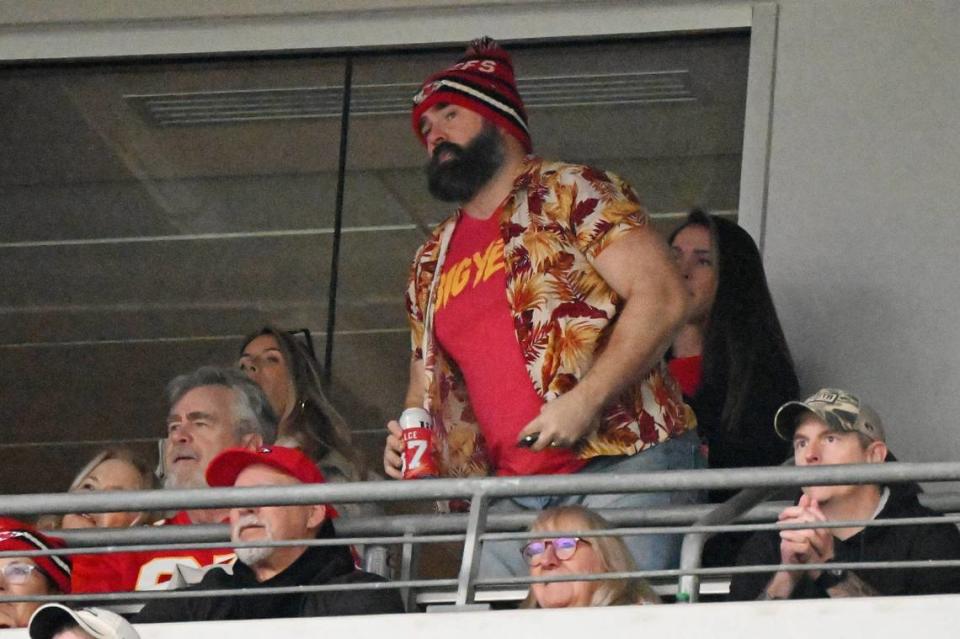 Jason Kelce cheering on the Chiefs as they beat the Baltimore Ravens to win the AFC Championship.