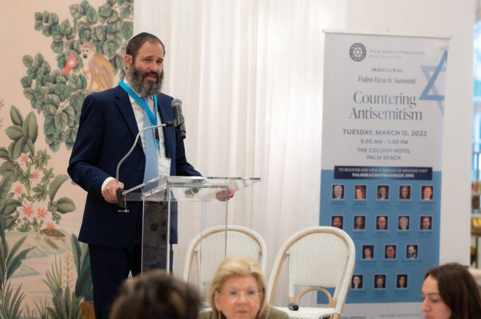 Rabbi Moshe Scheiner of Palm Beach Synagogue speaks to participants in the 2022 Palm Beach Summit on Countering Antisemitism at The Colony Hotel. Scheiner is helping to coordinate this year's event, which will be held Tuesday.