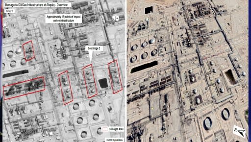 Images from the al-Huthi Media Office show what they say are satellite pictures of before, on the right, and after the weekend attack on Saudi Aramco's oil fields