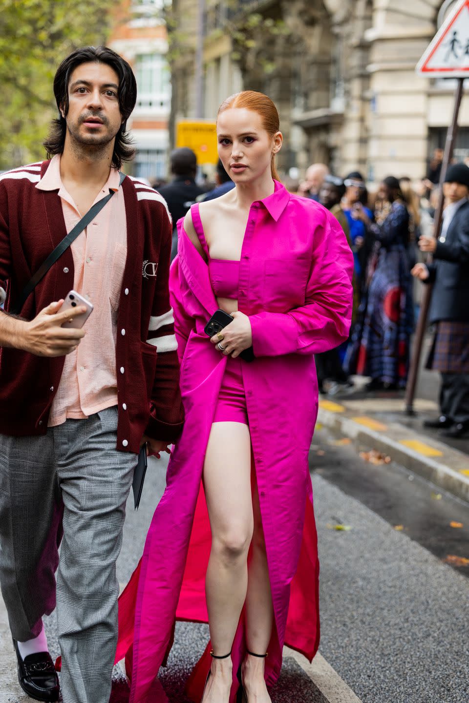 Paris, France October 02 Actress madelaine petsch wears a pink shirt, shorts, top and flat shoes outside the valentino paris fashion week womenswear summer 2023 on saturday on October 02, 2022 in Paris, France photo by Christian vieriggetty photo