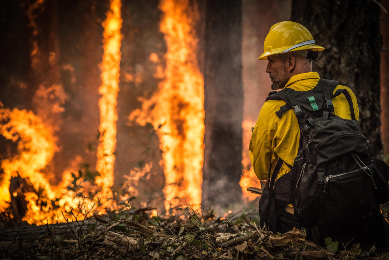 A firefighter confronts a blaze near Galice, Oregon. Lance Cheung / U.S. Forest Service via Flickr