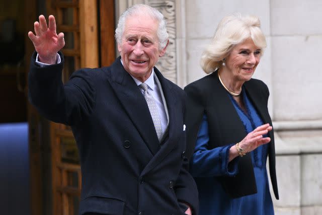 <p>Karwai Tang/WireImage</p> King Charles and Queen Camilla leave The London Clinic on January 29.