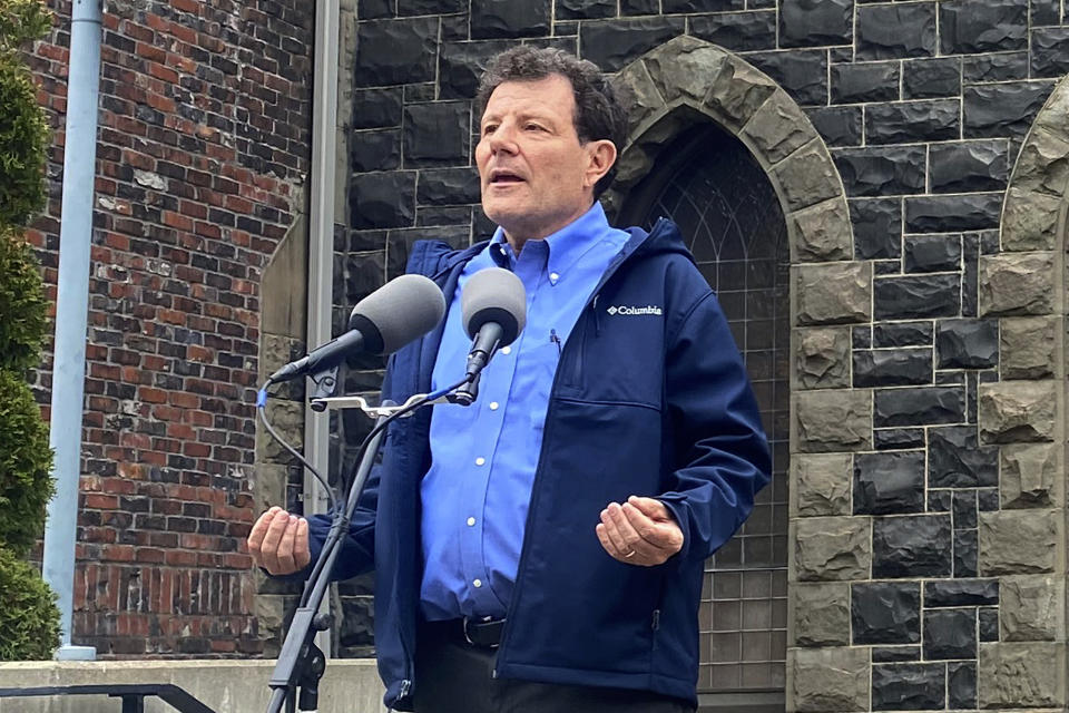 FILE - Former New York Times journalist Nicholas Kristof talks about his candidacy for governor of Oregon on Oct. 27, 2021, in Portland, Ore. Kristof's bid to run for Oregon governor is in the hands of the state Supreme Court. This comes after state officials ruled he is ineligible because he hasn't established residency in the state needed to run for the office. (AP Photo/Sara Cline, File)