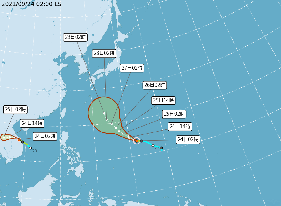 目前在太平洋地區有2個颱風，一個是在台灣東南側的輕颱「蒲公英」，一　個在越南附近的輕颱「電母」，對台灣暫時都沒有影響。   圖：中央氣象局/提供