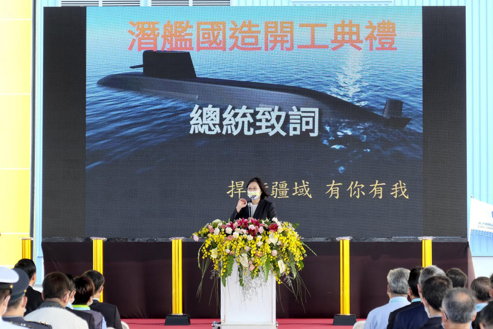 Taiwan's President Tsai Ing-wen speaks during a ceremony to inaugurate the production of domestically-made submarines at CSBC Corp's shipyards in the southern city of Kaohsiung, Taiwan on Tuesday, Nov. 24, 2020. The move marks a step forward for the island's defense strategy at a time of elevated tensions with China. Words in the back reads "Domestic submarine inauguration ceremony", "President Speech" and "Defending our territory involves all" (AP Photo/Huizhong Wu)