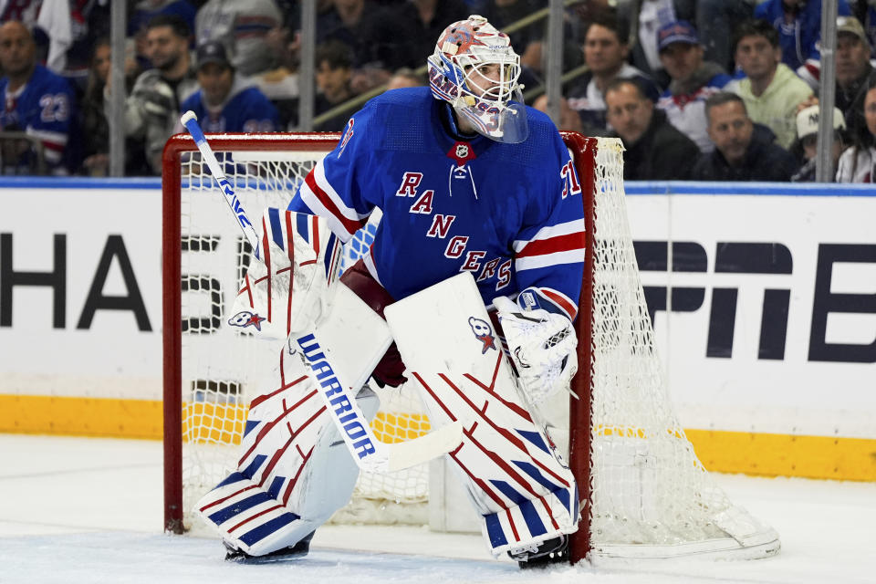 New York Rangers goaltender Igor Shesterkin watches the puck during the second period against the Carolina Hurricanes in Game 1 of an NHL hockey Stanley Cup second-round playoff series, Sunday, May 5, 2024, in New York. (AP Photo/Julia Nikhinson)