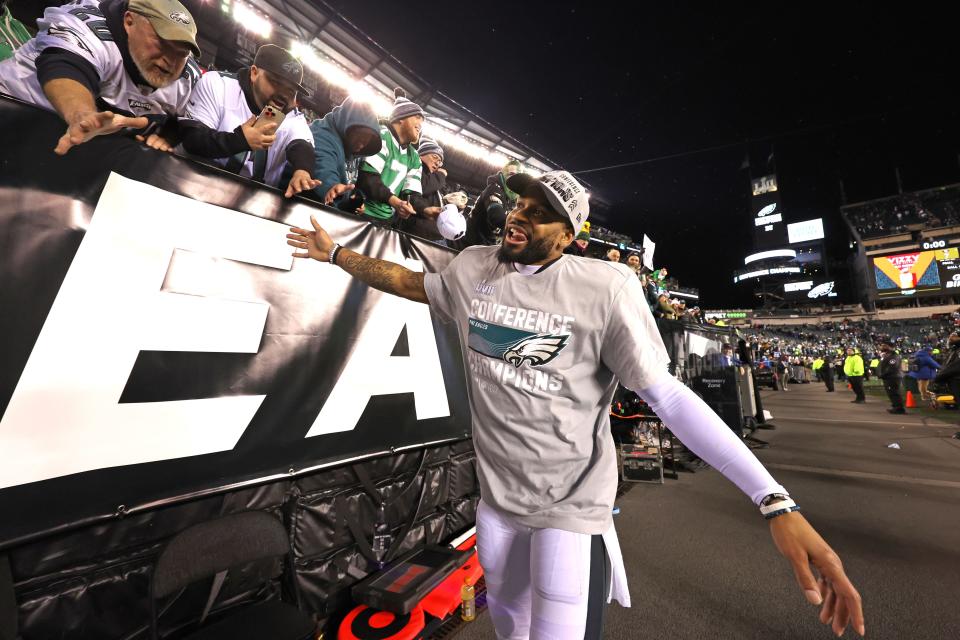 Jan 29, 2023; Philadelphia, Pennsylvania, USA; Philadelphia Eagles cornerback Darius Slay (2) celebrates with fans after a win against the San Francisco 49ers in the NFC championship game at Lincoln Financial Field.