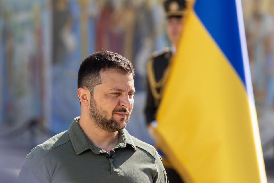 Zelensky attends an event on the Day of Ukrainian Statehood held on Mykhailivska Square in downtown Kyiv, Ukraine, 28 July 2023 (EPA)