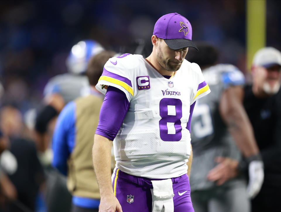 DETROIT, MICHIGAN - DECEMBER 05: Kirk Cousins #8 of the Minnesota Vikings walks off the field after a 29-27 lost to the Detroit Lions at Ford Field on December 05, 2021 in Detroit, Michigan. (Photo by Rey Del Rio/Getty Images)