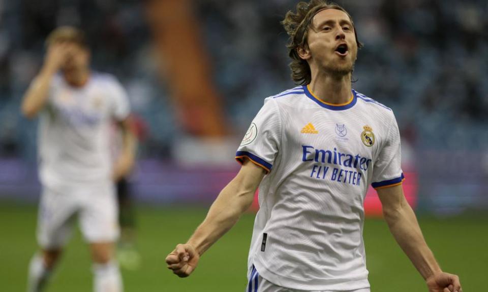 Luka Modric celebrates his first-half goal against Athletic Bilbao.