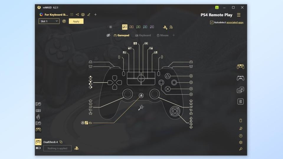 A screenshot showing how you configure a PlayStation controller for PS Remote Play in reWASD