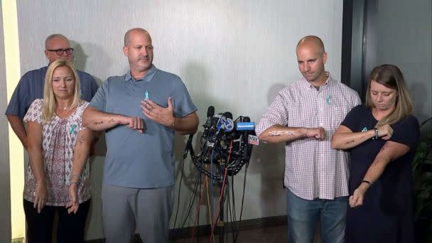 PHOTO: Family members of Gabby Petito exhibit tattoos they received in her memory during a press conference in Bohemia, N.Y., Sept. 28, 2021. (WABC)