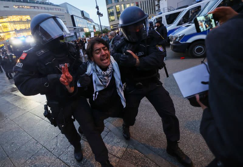 Protest during the ongoing conflict between Israel and the Palestinian Islamist group Hamas, in Frankfurt