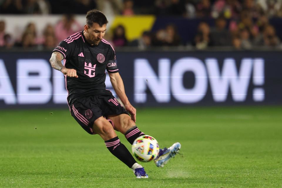 Inter Miami CF forward Lionel Messi (10) kicks the ball during the second half against the LA Galaxy at Dignity Health Sports Park on Feb 25, 2024 in Carson, California, USA.