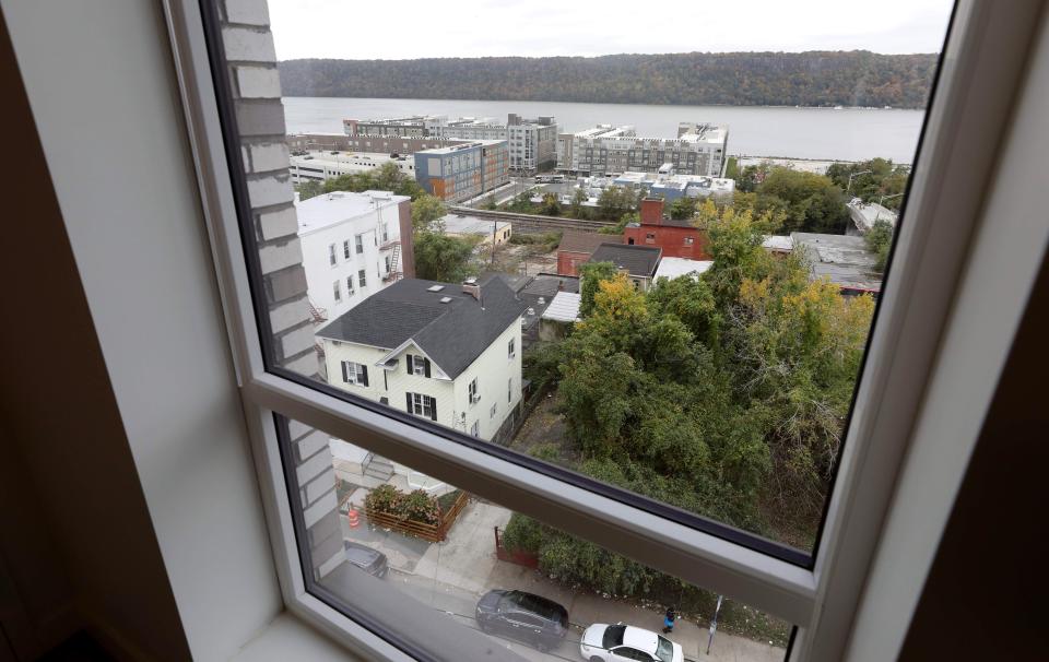 In this photo from 2021, a view west toward the Hudson River from The Ridgeway, a new affordable housing complex at 172 Warburton Avenue in Yonkers. The 85-unit building is part of a plan to redevelop housing built in the 1940s into new, modern, safe affordable housing.