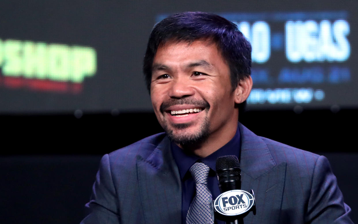 LAS VEGAS, NEVADA - AUGUST 18: Manny Pacquiao attends a news conference at MGM Grand Garden Arena on August 18, 2021 in Las Vegas, Nevada. Pacquiao will challenge WBA welterweight champion Yordenis Ugas for his title at T-Mobile Arena on August 21 in Las Vegas. (Photo by Steve Marcus/Getty Images)