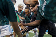 Mexico players break a huddle before their match against Bulgaria at the Homeless World Cup, Tuesday, July 11, 2023, in Sacramento, Calif. (AP Photo/Godofredo A. Vásquez)