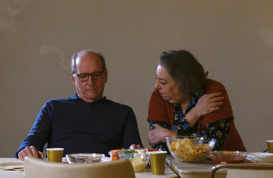 This image released by A24 Films shows Richard Jenkins, left, and Jayne Houdyshell in a scene from "The Humans." (Wilson Webb/A24 Films via AP)