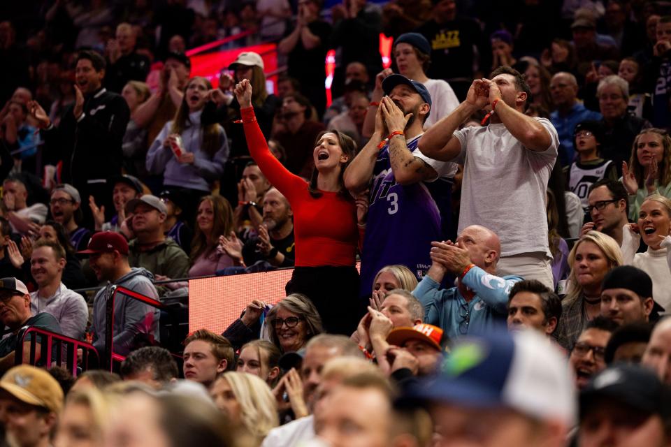 Utah Jazz fans yell during a free throw during an NBA basketball game between the Utah Jazz and the Oklahoma City Thunder at the Delta Center in Salt Lake City on Tuesday, Feb. 6, 2024. | Megan Nielsen, Deseret News