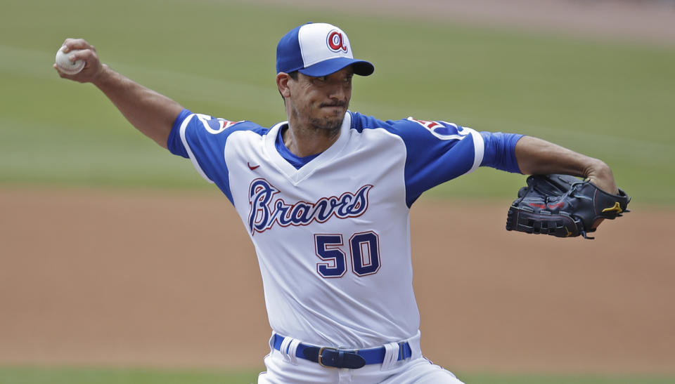 Atlanta Braves pitcher Charlie Morton works against the Milwaukee Brewers during the first inning of a baseball game Sunday, Aug. 1, 2021, in Atlanta. (AP Photo/Ben Margot)