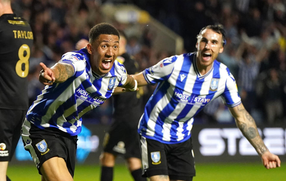 Sheffield Wednesday&#x002019;s Liam Palmer celebrates scoring their side&#x002019;s fourth goal of the game during the Sky Bet League One play-off semi-final second leg match at Hillsborough, Sheffield on Thursday May 18, 2023
