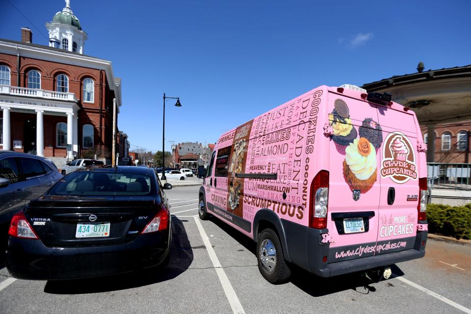 Clyde Bullen, owner and pastry chef of Clyde's Cupcakes, parks outside Exeter’s town center on Friday, April, 2, 2021.