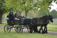 FILE - In this May 9, 2019 file photo, Britain's Prince Philip drives a carriage during the Royal Windsor Horse Show in Windsor, England. The Duke's love of carriage-driving is to be a central feature of his funeral on Saturday when the carriage and his two Fell ponies, Balmoral Nevis and Notlaw Storm, will be present in the Quadrangle of Windsor Castle during the procession. (Andrew Matthews/PA via AP)