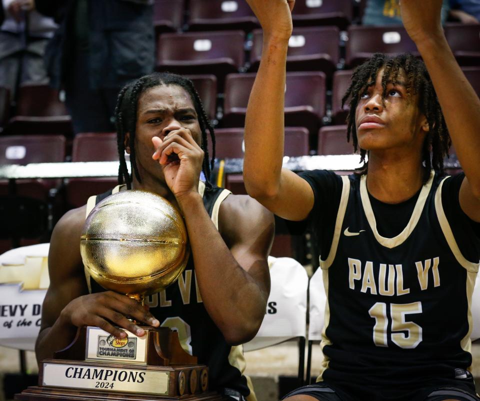 The Paul VI Catholic Panthers (Virginia) celebrate winning the 39th annual Tournament of Champions at Great Southern Bank Arena on Saturday, Jan. 13, 2024. The Panthers (Virginia) beat the St. John Bosco Braves (California) 71-53.