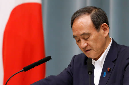 Japan's Chief Cabinet Secretary Yoshihide Suga attends a news conference after the launch of a North Korean missile at Prime Minister Shinzo Abe's official residence in Tokyo, Japan May 29, 2017. REUTERS/Toru Hanai