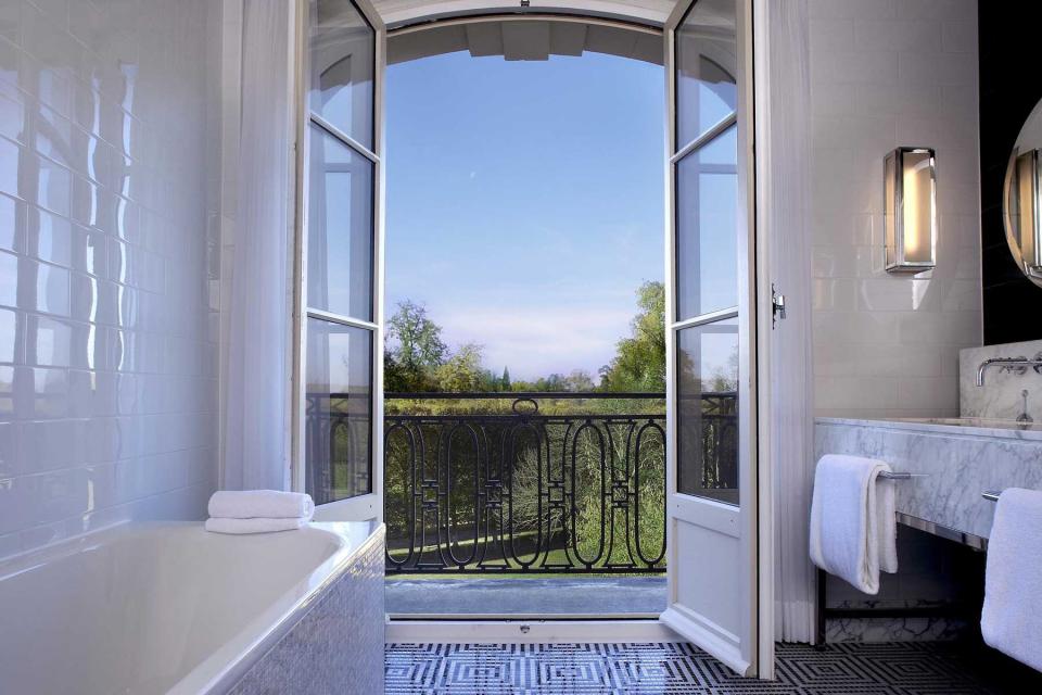 View from a guest bathroom at the Waldorf Astoria Maldives Versailles Trianon hotel