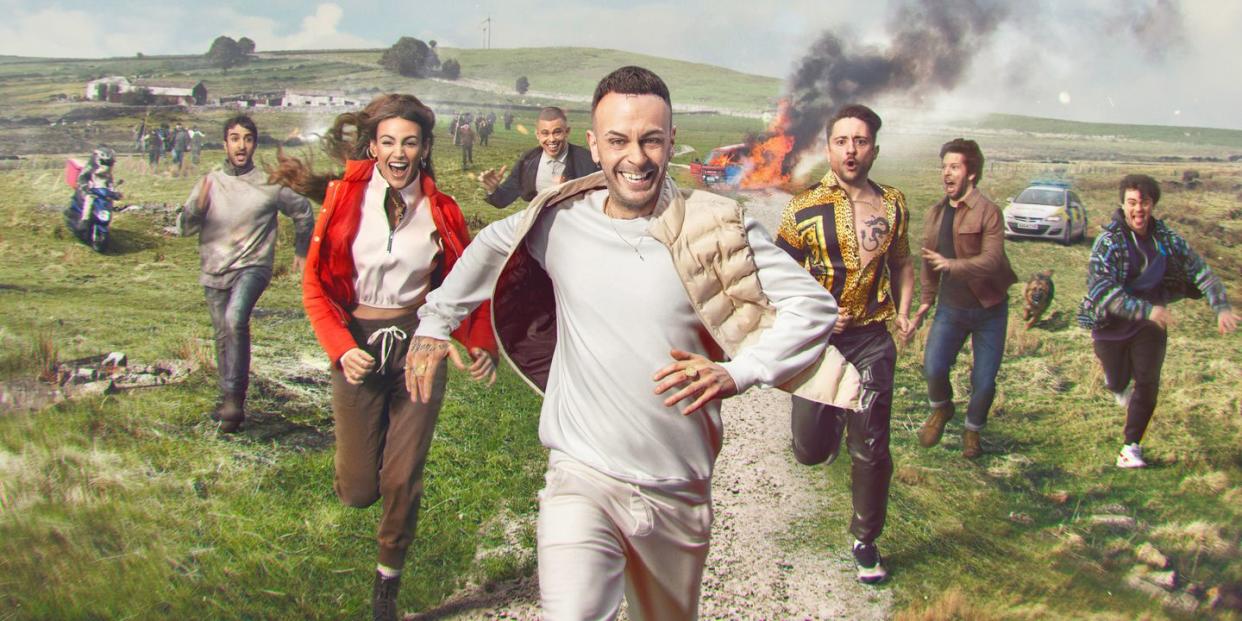 brassic season 3 artwork poster showing the main cast running through a field away from a fire