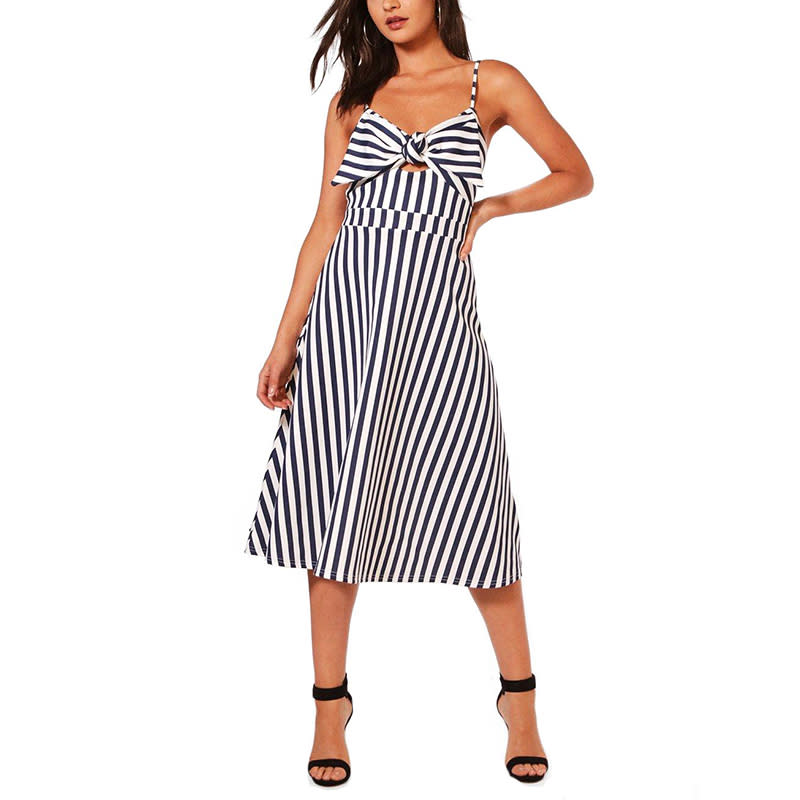 <p><a rel="nofollow noopener" href="http://rstyle.me/n/cnmknvjduw" target="_blank" data-ylk="slk:Boohoo Lucille Stripe Bow Front Midi Skater Dress;elm:context_link;itc:0;sec:content-canvas" class="link ">Boohoo Lucille Stripe Bow Front Midi Skater Dress</a>, $40</p>