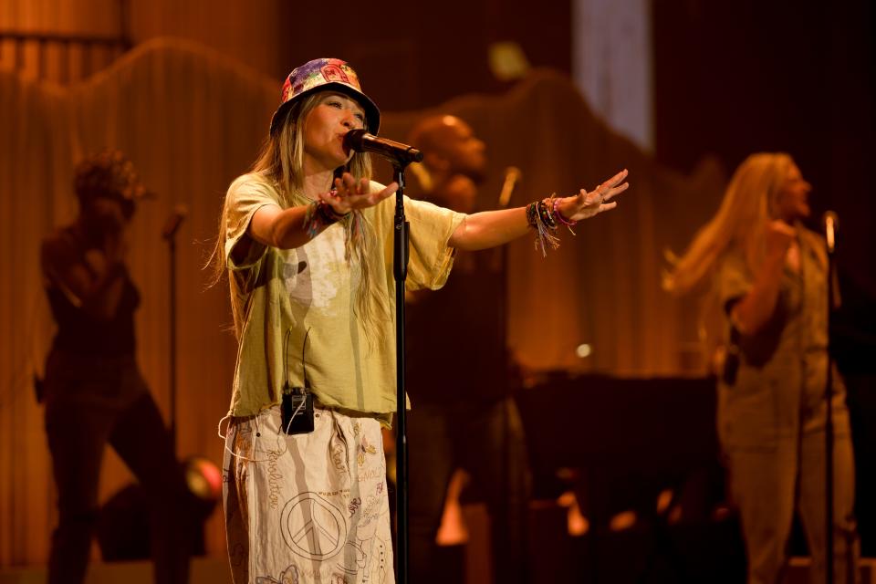 Lauren Daigle sings during a rehearsal in Nashville, Tenn., Tuesday, Aug. 29, 2023.