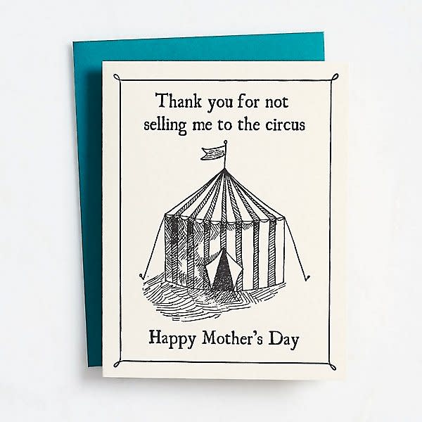 <p><a href="https://go.redirectingat.com?id=74968X1596630&url=https%3A%2F%2Fwww.papersource.com%2Fgreeting-cards%2Fcircus-mothers-day-card-0196940315714.html&sref=https%3A%2F%2Fwww.thepioneerwoman.com%2Fholidays-celebrations%2Fg39078013%2Ffunny-mothers-day-cards%2F" rel="nofollow noopener" target="_blank" data-ylk="slk:Shop Now;elm:context_link;itc:0;sec:content-canvas" class="link ">Shop Now</a></p><p>Circus Card</p><p>papersource.com</p><p>$6.50</p><span class="copyright">Paper Source</span>