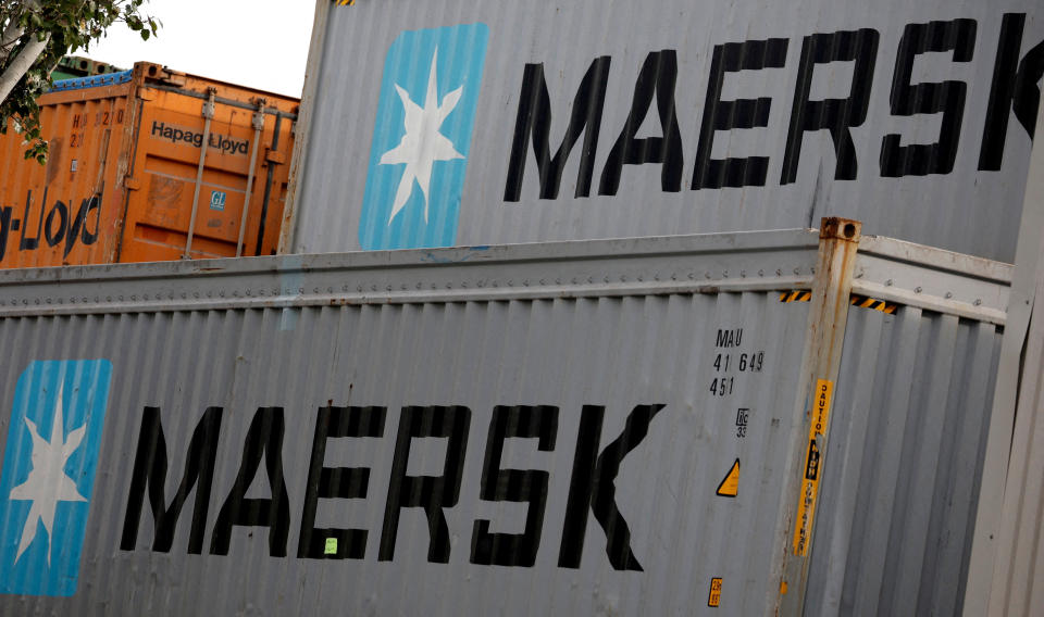 FILE PHOTO: Maersk's logo is seen in stored containers at Zona Franca in Barcelona